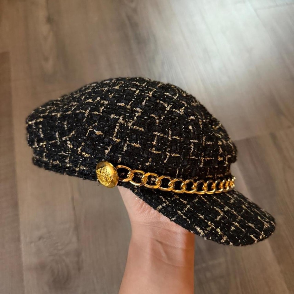 Y2K tweed black and gold plaid paper boy/ conductor hat